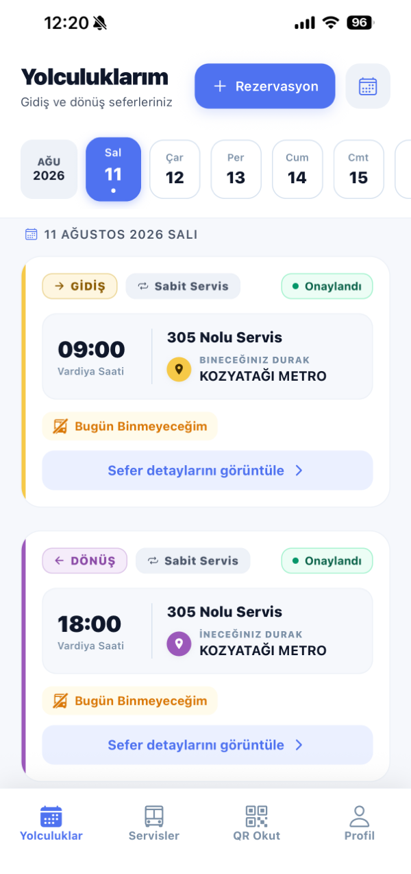vitaAPP yolcu uygulaması Yolculuklarım ekranı — gidiş ve dönüş seferleri, bineceğiniz durak ve vardiya saati